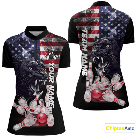 American Flag Panther Bowling Polo, Quarter Zip Shirts for Women Custom patriotic Team Bowling jerseys NQS10289