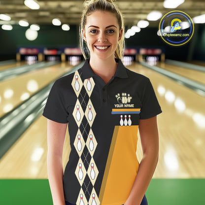 Black and Yellow Retro Bowling Polo, Quarter Zip shirt for Women Custom vintage team bowling jersey NQS10707