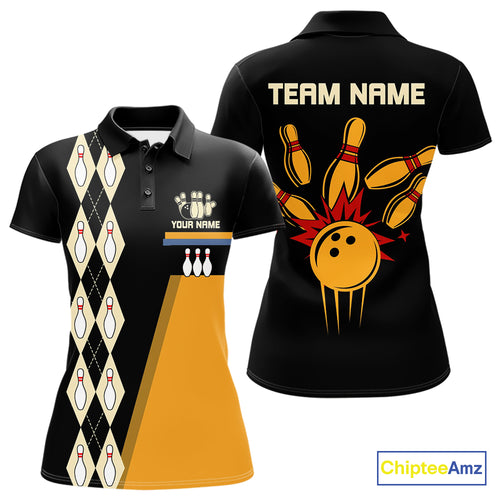 Black and Yellow Retro Bowling Polo, Quarter Zip shirt for Women Custom vintage team bowling jersey NQS10707