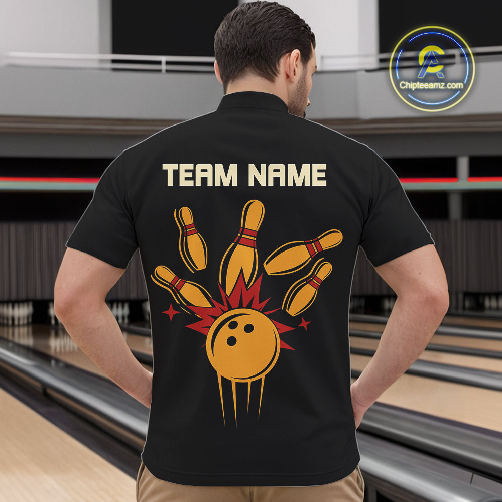 Black and Yellow Retro Bowling Polo, Quarter Zip shirt for Men Custom vintage team bowling jersey NQS10707