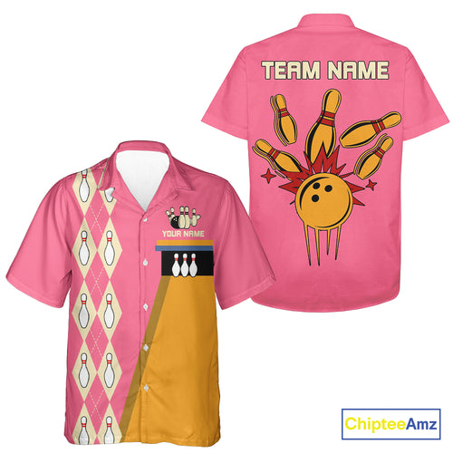 Pink and Yellow Retro Bowling Hawaiian Shirt Custom vintage team bowling button up shirt NQS10708