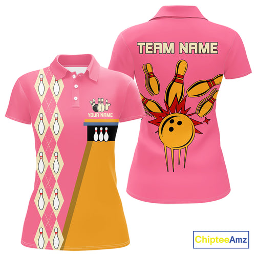 Pink and Yellow Retro Bowling Polo, Quarter Zip shirt for Women Custom vintage team bowling jersey NQS10708