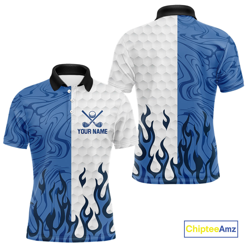 White and Blue Camo Flame Mens Golf Polo Shirt Custom golf attire for men, personalized golf gifts NQS10709