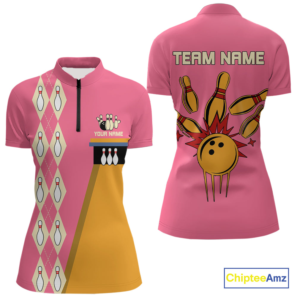 Pink and Yellow Retro Bowling Polo, Quarter Zip shirt for Women Custom vintage team bowling jersey NQS10708