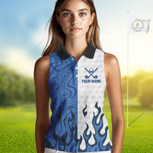 Load image into Gallery viewer, White and Blue Camo Flame Women Sleeveless Golf Polo Shirt Custom golf attire for ladies golf gift NQS10709