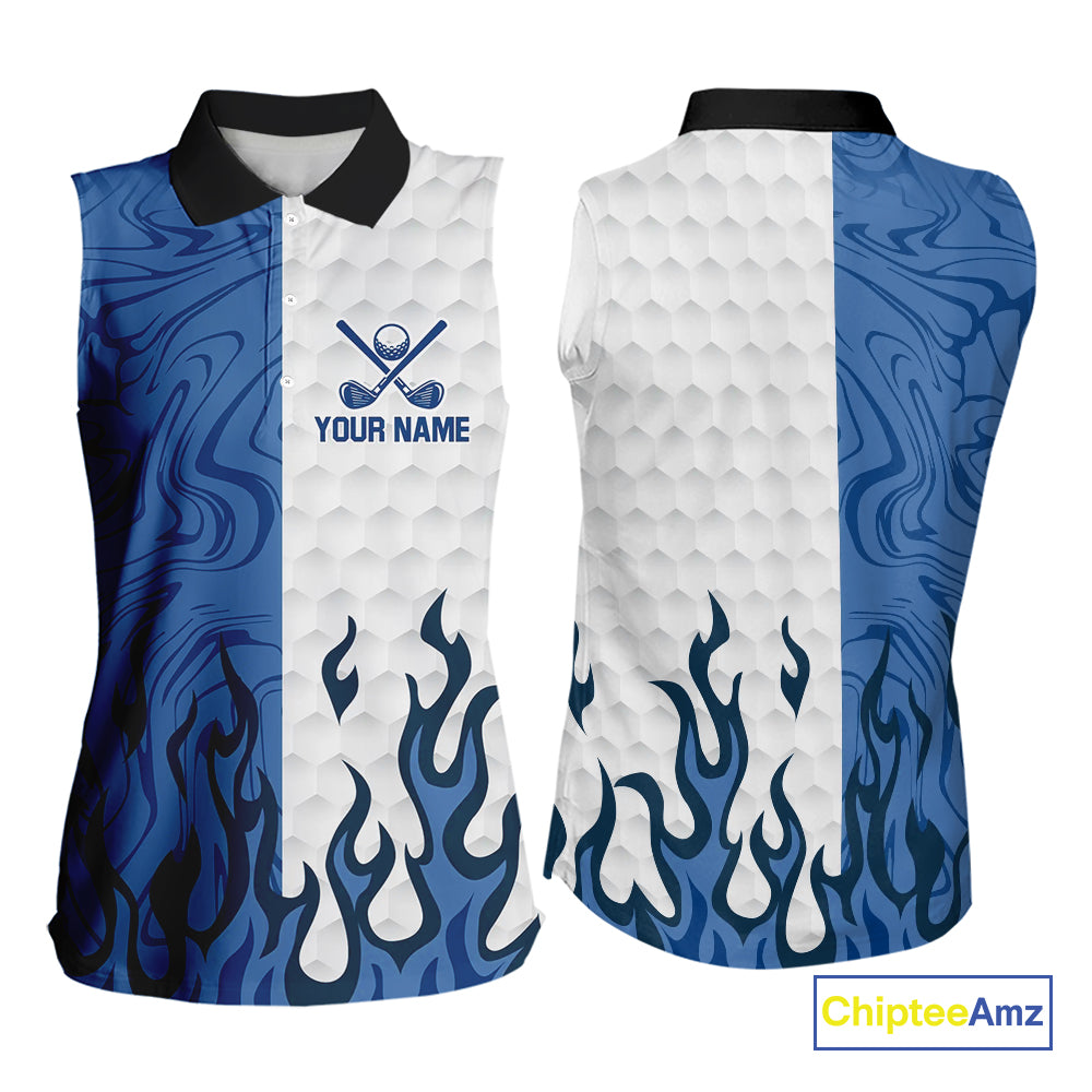 White and Blue Camo Flame Women Sleeveless Golf Polo Shirt Custom golf attire for ladies golf gift NQS10709