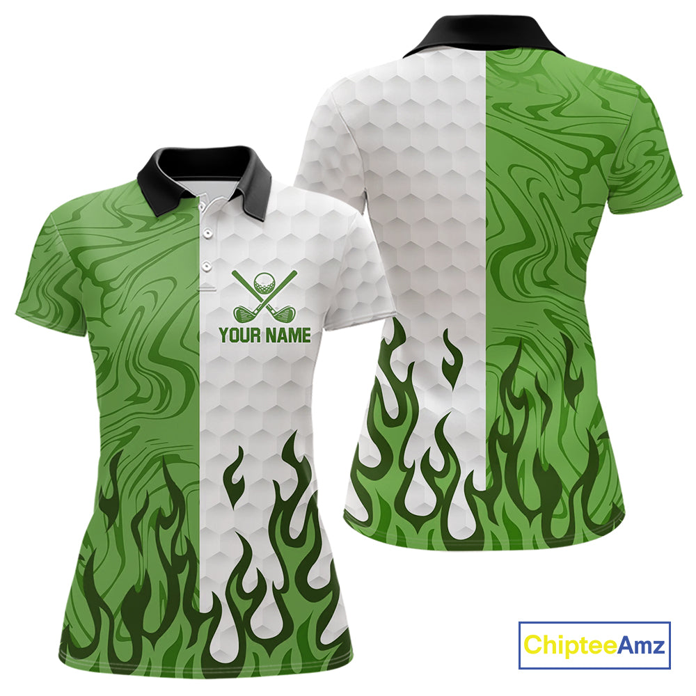 White and Green Camo Flame Women Golf Polo Shirt Custom golf attire for ladies personalized golf gift NQS10710