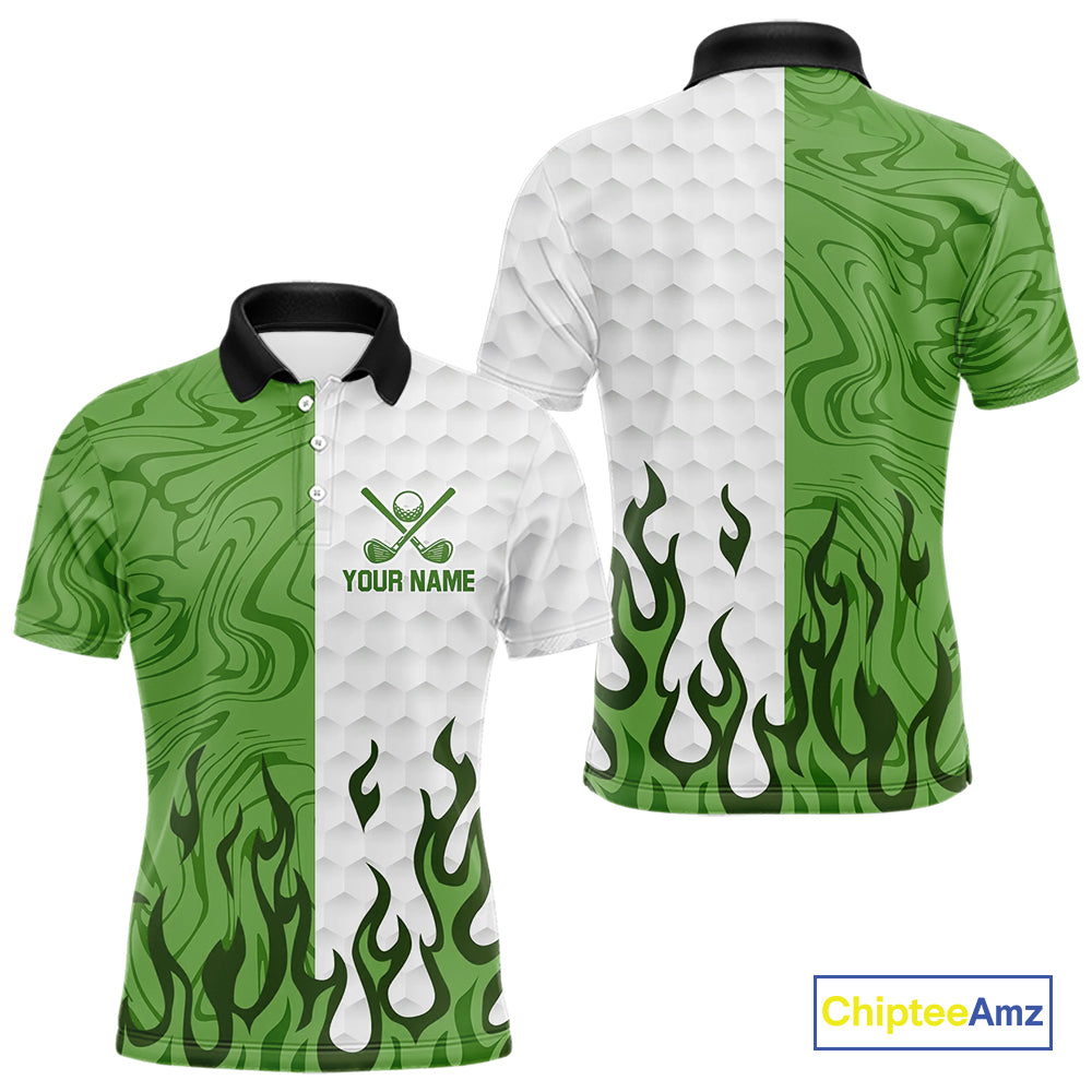 White and Green Camo Flame Mens Golf Polo Shirt Custom golf attire for men, personalized golf gifts NQS10710