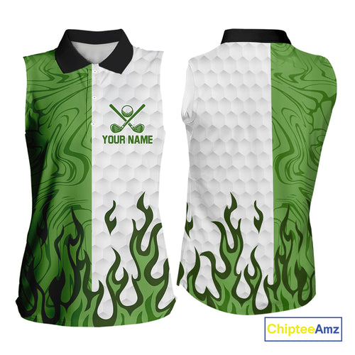 White and Green Camo Flame Women Sleeveless Golf Polo Shirt Custom golf attire for ladies golf gift NQS10710