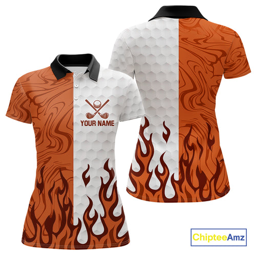 White & Orange Camo Flame Women Golf Polo Shirt Custom golf attire for ladies personalized golf gift NQS10711