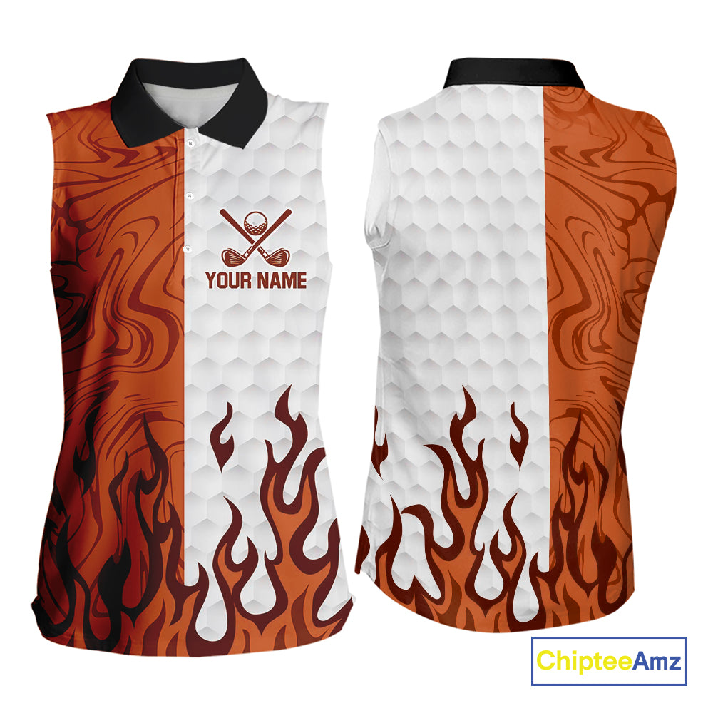White and Orange Camo Flame Women Sleeveless Golf Polo Shirt Custom golf attire for ladies golf gift NQS10711