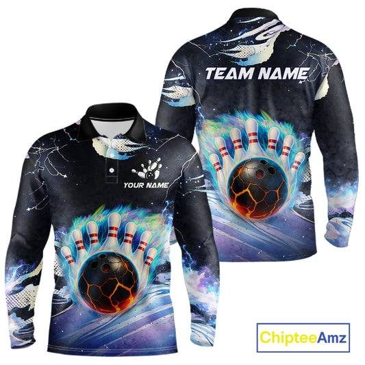 Blue hologram flame Bowling polo, 1/4 zip Shirts for Men Custom Bowling Team jerseys NQS11295