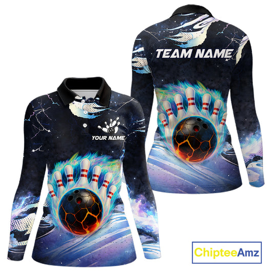 Blue hologram flame Bowling polo, 1/4 zip Shirts for Women Custom Bowling Team jerseys NQS11295