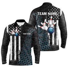 Load image into Gallery viewer, Black white American flag Men bowling Polo, Quarter Zip shirts Custom camo Bowling Team Jerseys | Blue NQS8531