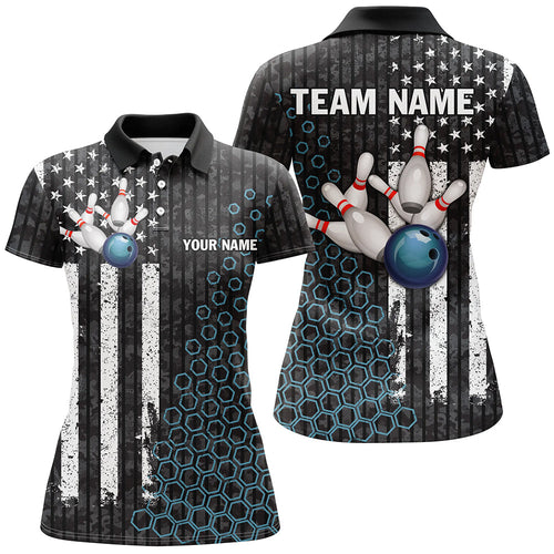 Black white American flag Women bowling Polo, Quarter Zip shirt Custom camo Bowling Team Jersey | Blue NQS8531