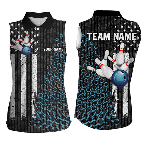Black white American flag Women bowling sleeveless polo shirts Custom camo Bowling Team Jersey | Blue NQS8531