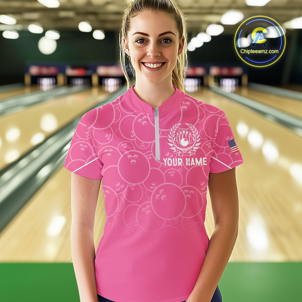 Pink bowling camo Womens bowling shirts Custom American flag patriotic bowling team league jerseys NQS10714