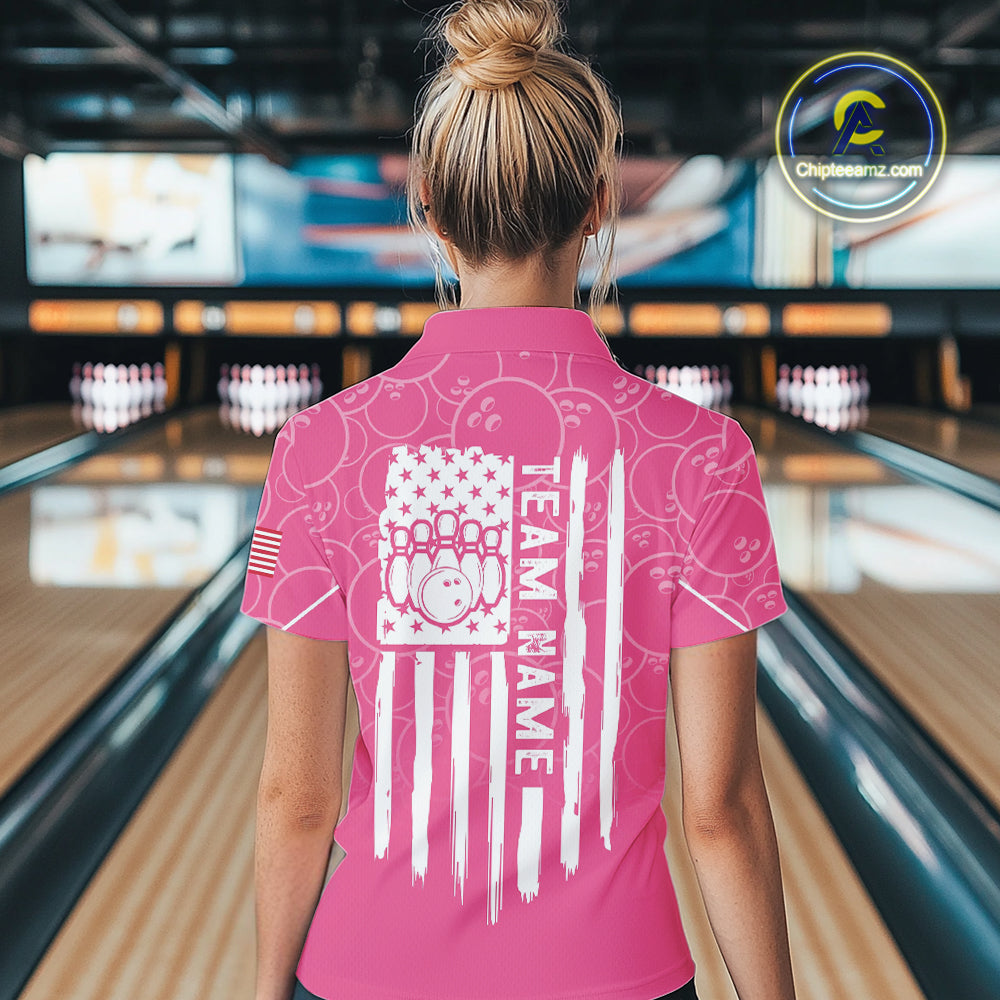 Pink bowling camo Womens bowling shirts Custom American flag patriotic bowling team league jerseys NQS10714