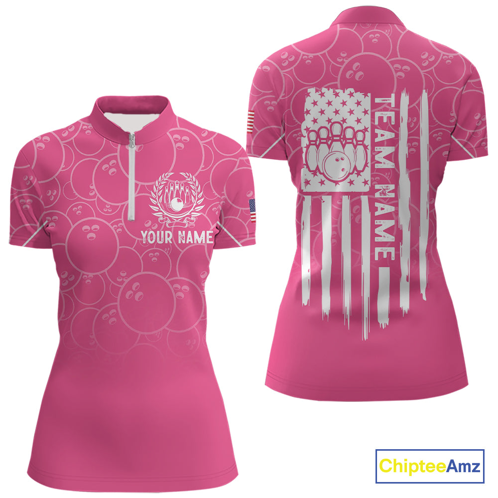 Pink bowling camo Womens bowling shirts Custom American flag patriotic bowling team league jerseys NQS10714