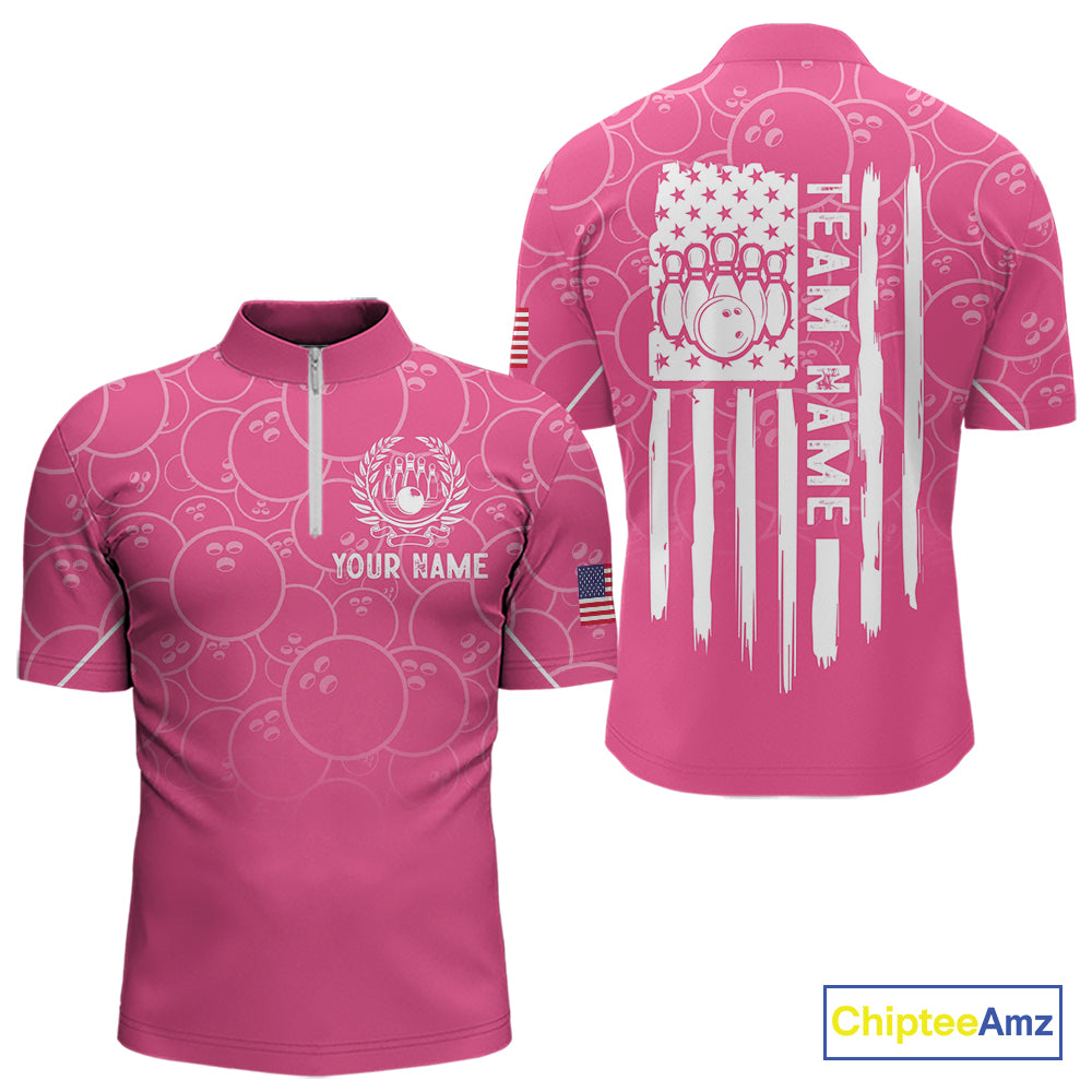 Pink bowling camo Mens bowling shirts Custom American flag patriotic bowling team league jerseys NQS10714