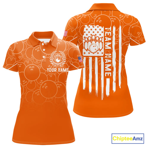 Orange bowling camo Womens bowling shirts Custom American flag patriotic bowling team league jerseys NQS10715