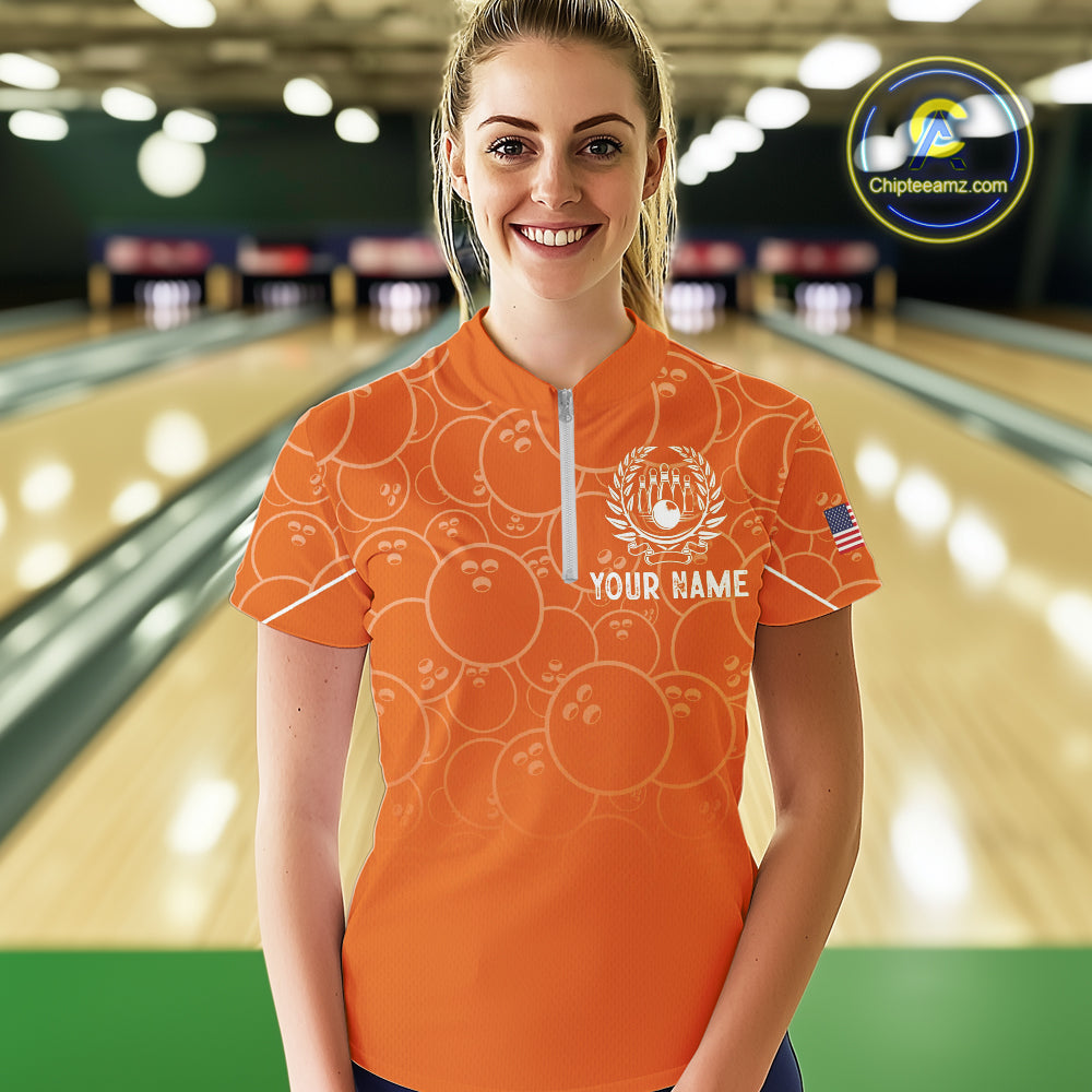 Orange bowling camo Womens bowling shirts Custom American flag patriotic bowling team league jerseys NQS10715