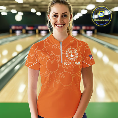 Orange bowling camo Womens bowling shirts Custom American flag patriotic bowling team league jerseys NQS10715