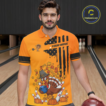 Personalized American Flag Turkey Autumn Bowling Shirts For Men, Thanksgiving Bowling Team Uniform NQS10721