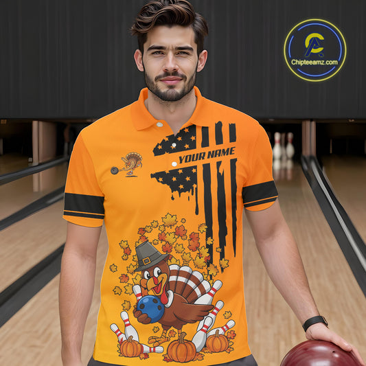 Personalized American Flag Turkey Autumn Bowling Shirts For Men, Thanksgiving Bowling Team Uniform NQS10721
