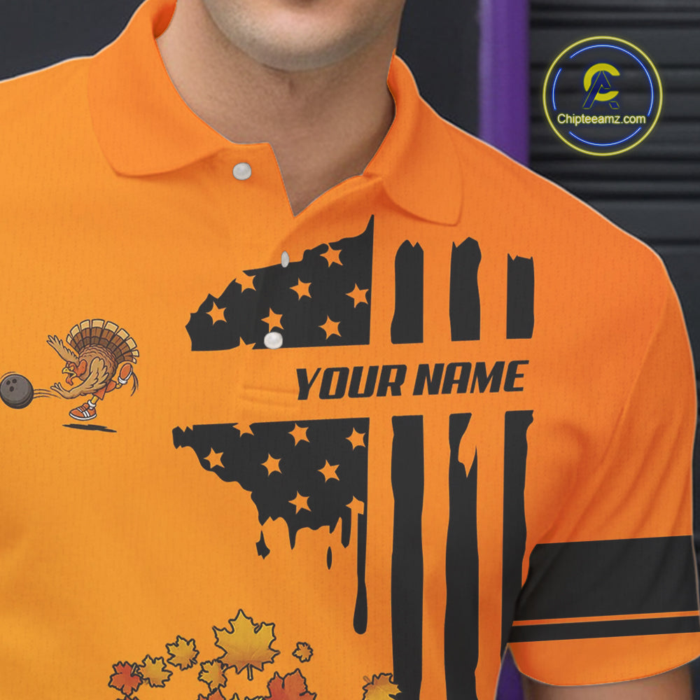 Personalized American Flag Turkey Autumn Bowling Shirts For Men, Thanksgiving Bowling Team Uniform NQS10721