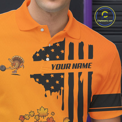 Personalized American Flag Turkey Autumn Bowling Shirts For Men, Thanksgiving Bowling Team Uniform NQS10721
