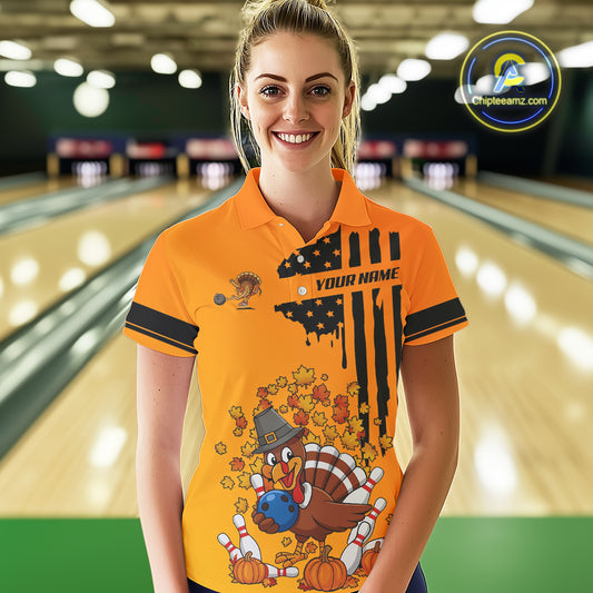 Personalized American Flag Turkey Autumn Bowling Shirts For Women, Thanksgiving Bowling Team Uniform NQS10721