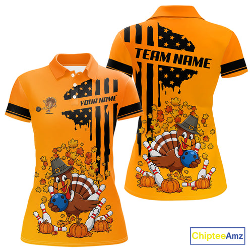 Personalized American Flag Turkey Autumn Bowling Shirts For Women, Thanksgiving Bowling Team Uniform NQS10721