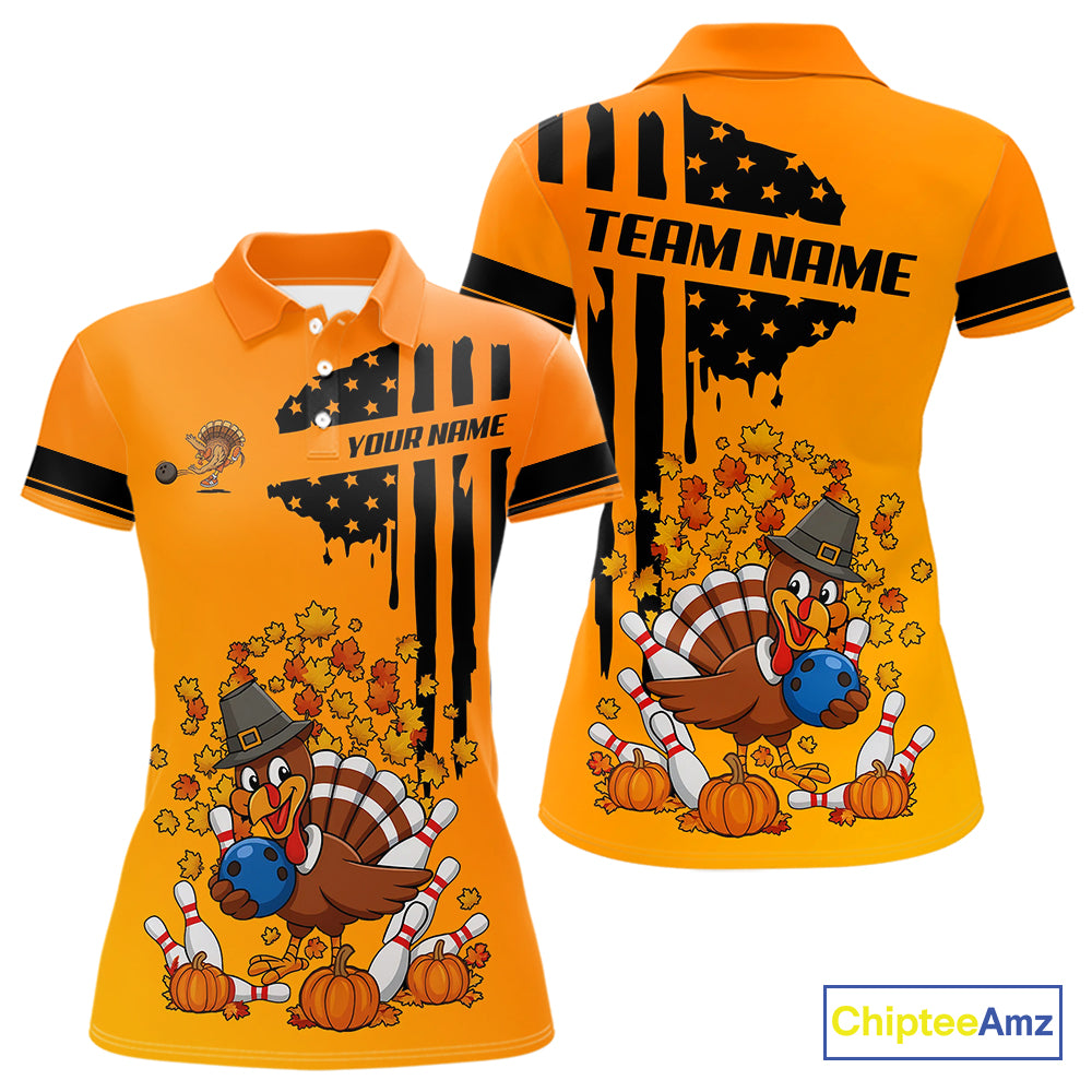 Personalized American Flag Turkey Autumn Bowling Shirts For Women, Thanksgiving Bowling Team Uniform NQS10721