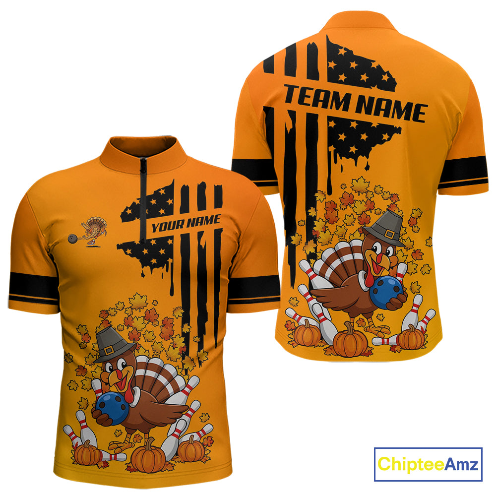 Personalized American Flag Turkey Autumn Bowling Shirts For Men, Thanksgiving Bowling Team Uniform NQS10721