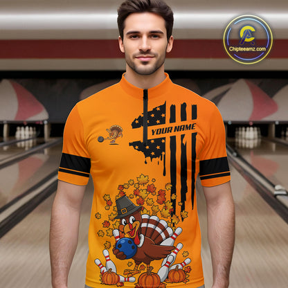 Personalized American Flag Turkey Autumn Bowling Shirts For Men, Thanksgiving Bowling Team Uniform NQS10721