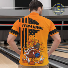 Load image into Gallery viewer, Personalized American Flag Turkey Autumn Bowling Shirts For Men, Thanksgiving Bowling Team Uniform NQS10721