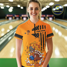 Load image into Gallery viewer, Personalized American Flag Turkey Autumn Bowling Shirts For Women, Thanksgiving Bowling Team Uniform NQS10721