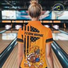 Load image into Gallery viewer, Personalized American Flag Turkey Autumn Bowling Shirts For Women, Thanksgiving Bowling Team Uniform NQS10721