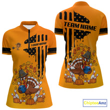 Load image into Gallery viewer, Personalized American Flag Turkey Autumn Bowling Shirts For Women, Thanksgiving Bowling Team Uniform NQS10721