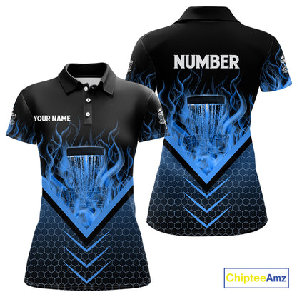 Black and Blue Fire Women Disc golf polo shirts custom flame disc golf basket jersey, disc golf shirt NQS10922