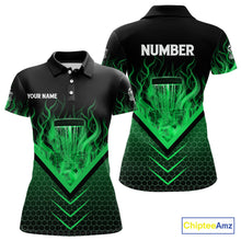 Load image into Gallery viewer, Black &amp; Green Fire Women Disc golf polo shirts custom flame disc golf basket jersey, disc golf shirt NQS10923