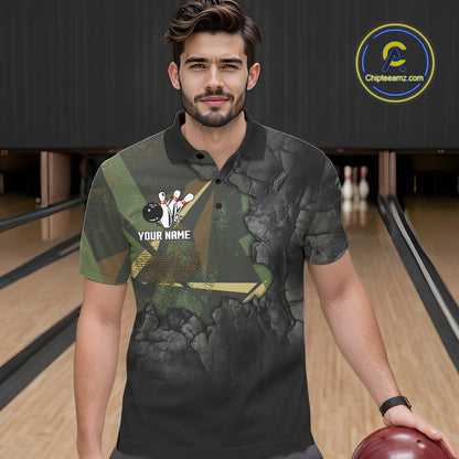 Green Camo Black Bowling Polo, Quarter Zip Shirts for Men Custom Team Bowling Jersey NQS10929