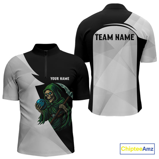 Black and White Funny Skull reaper Bowling Polo, 1/4 Zip Shirts For Men Custom Team Bowling Jersey NQS11100