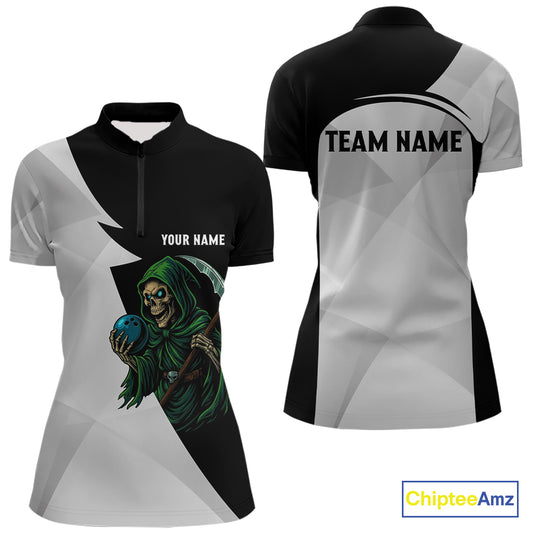 Black and White Funny Skull reaper Bowling Polo, 1/4 Zip Shirts For Women Custom Team Bowling Jersey NQS11100