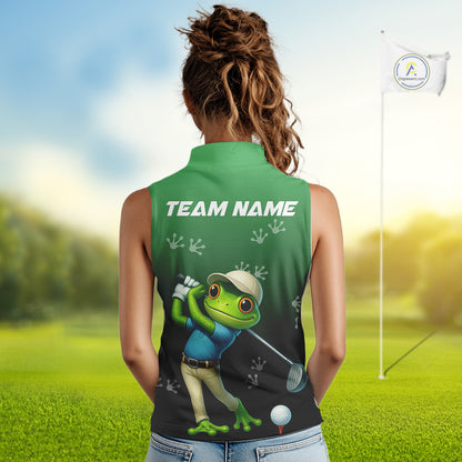 Funny Frog Green Sleeveless Golf polo shirt for Women Custom ladies golf top, personalized golf gifts NQS11104
