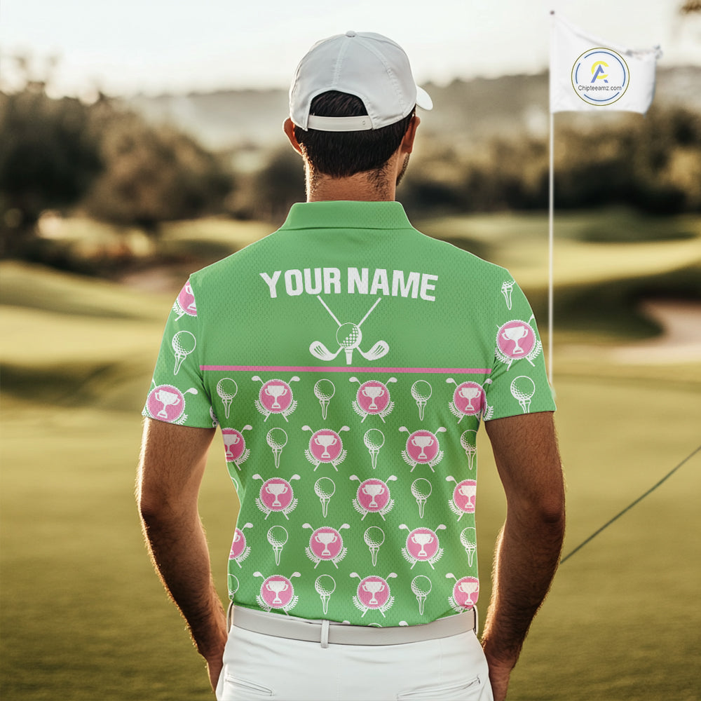 Green and Pink Golf pattern polo golf shirt for men Custom men's golf clothes, best golf gifts NQS11105