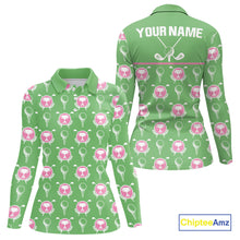 Load image into Gallery viewer, Green and Pink Golf pattern polo golf shirt for Women Custom ladies&#39;s golf clothes, best golf gifts NQS11105