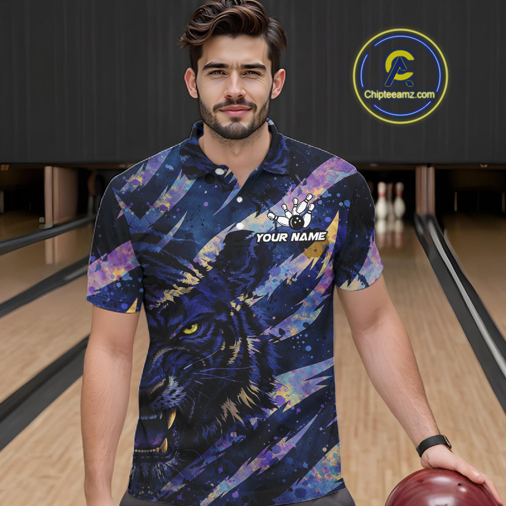 Blue and Purple watercolor Tiger Bowling Polo, Quarter Zip Shirt For Men Custom bowling Team outfit NQS11308