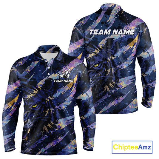 Blue and Purple watercolor Tiger Bowling Polo, Quarter Zip Shirt For Men Custom bowling Team outfit NQS11308